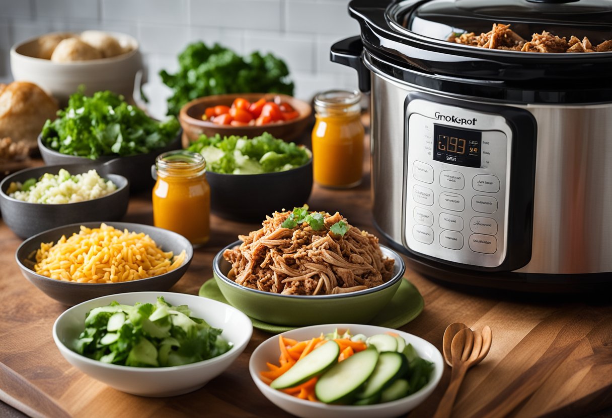 A crockpot filled with pulled pork, surrounded by taco shells, fresh vegetables, and various spices on a kitchen counter