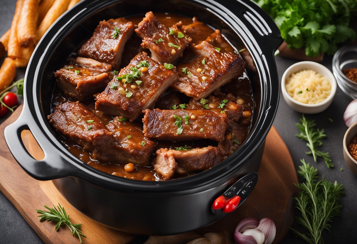 A crockpot filled with tender, juicy barbecue ribs, surrounded by savory spices and herbs