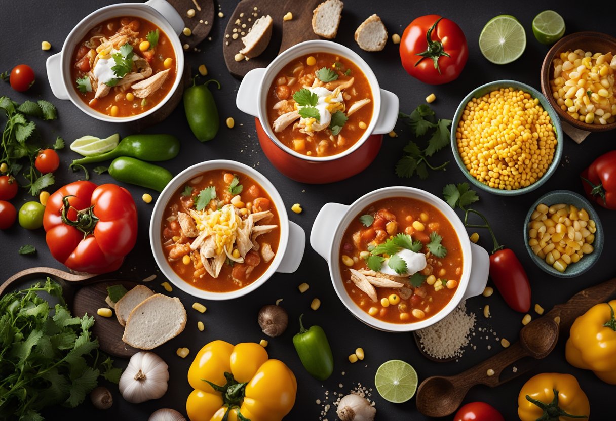 A bubbling crockpot filled with chicken tortilla soup, surrounded by colorful ingredients like tomatoes, peppers, and corn