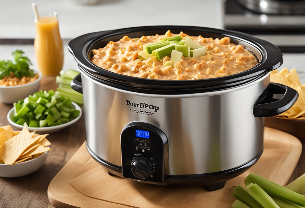 A bubbling crockpot filled with creamy buffalo chicken dip, surrounded by a spread of tortilla chips and celery sticks