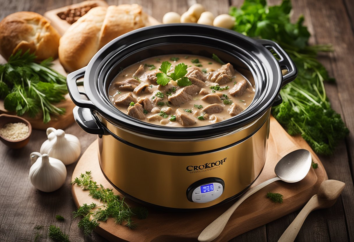 A crockpot filled with creamy Beef Stroganoff, surrounded by fresh herbs and spices