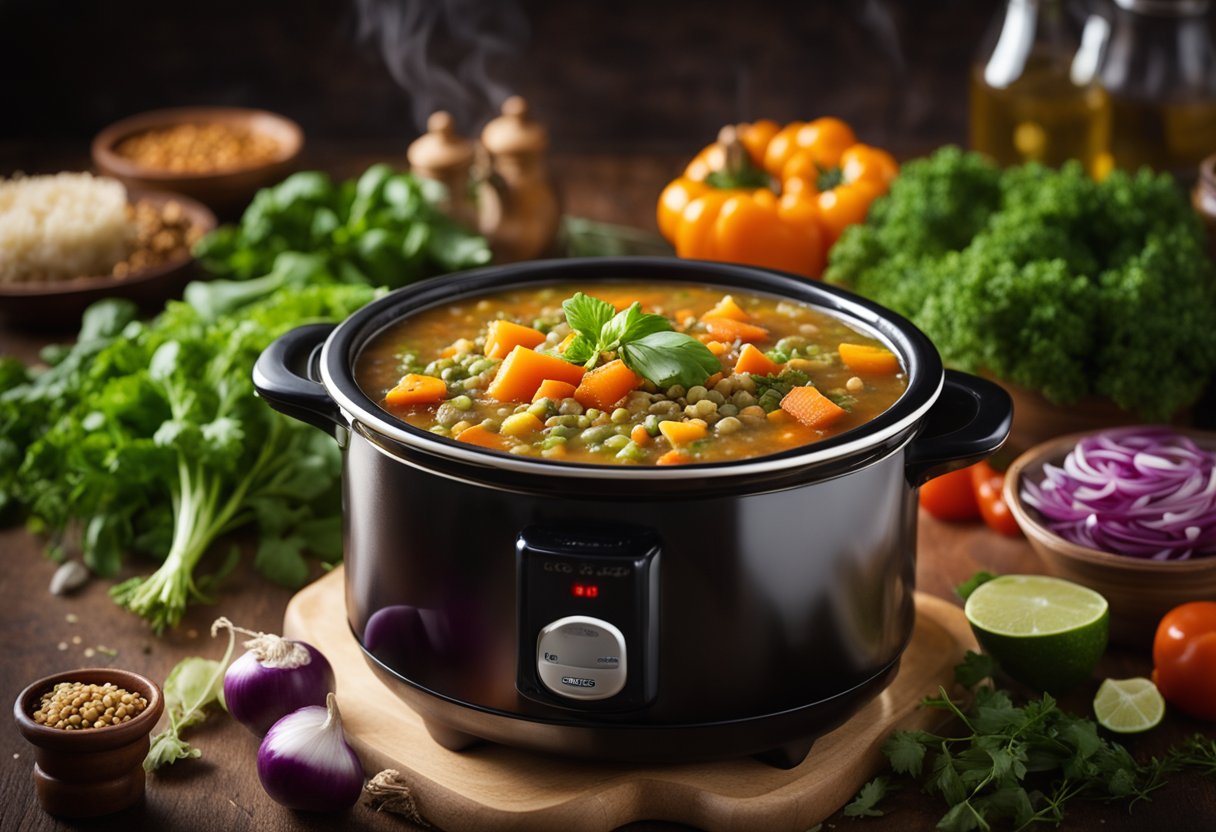A steaming pot of vegetable lentil soup bubbling away in a crockpot, surrounded by colorful chopped vegetables and fragrant herbs