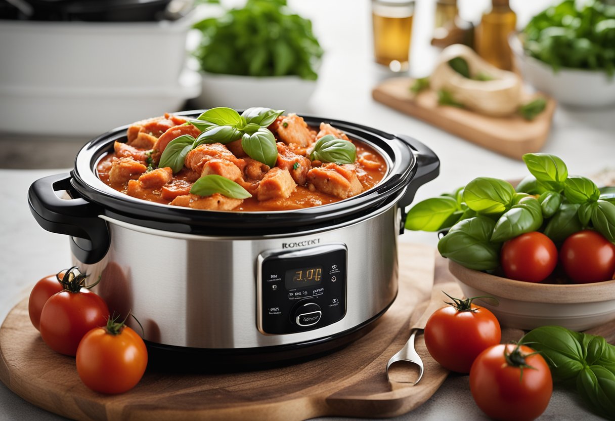 A crockpot filled with creamy tomato basil chicken, surrounded by fresh basil leaves and ripe tomatoes