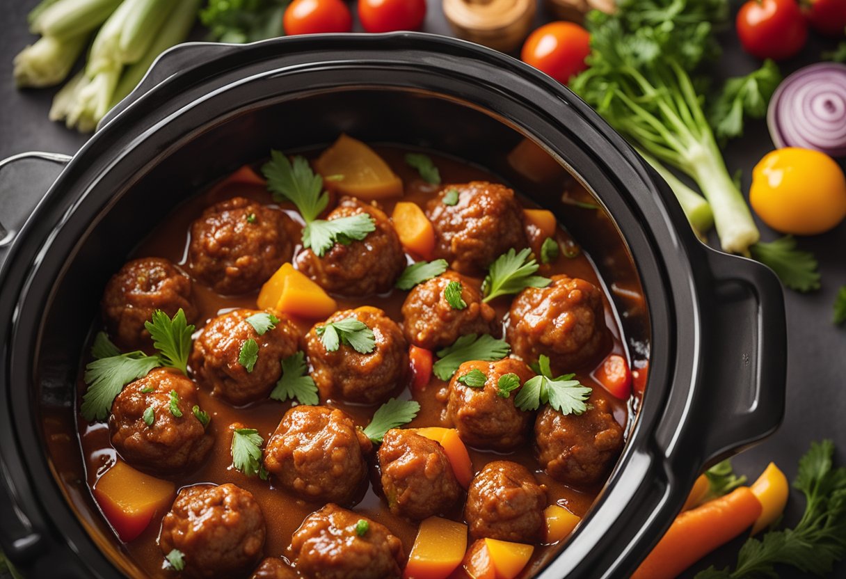 A crockpot filled with sweet and sour meatballs simmering in a tangy sauce, surrounded by colorful vegetables and herbs