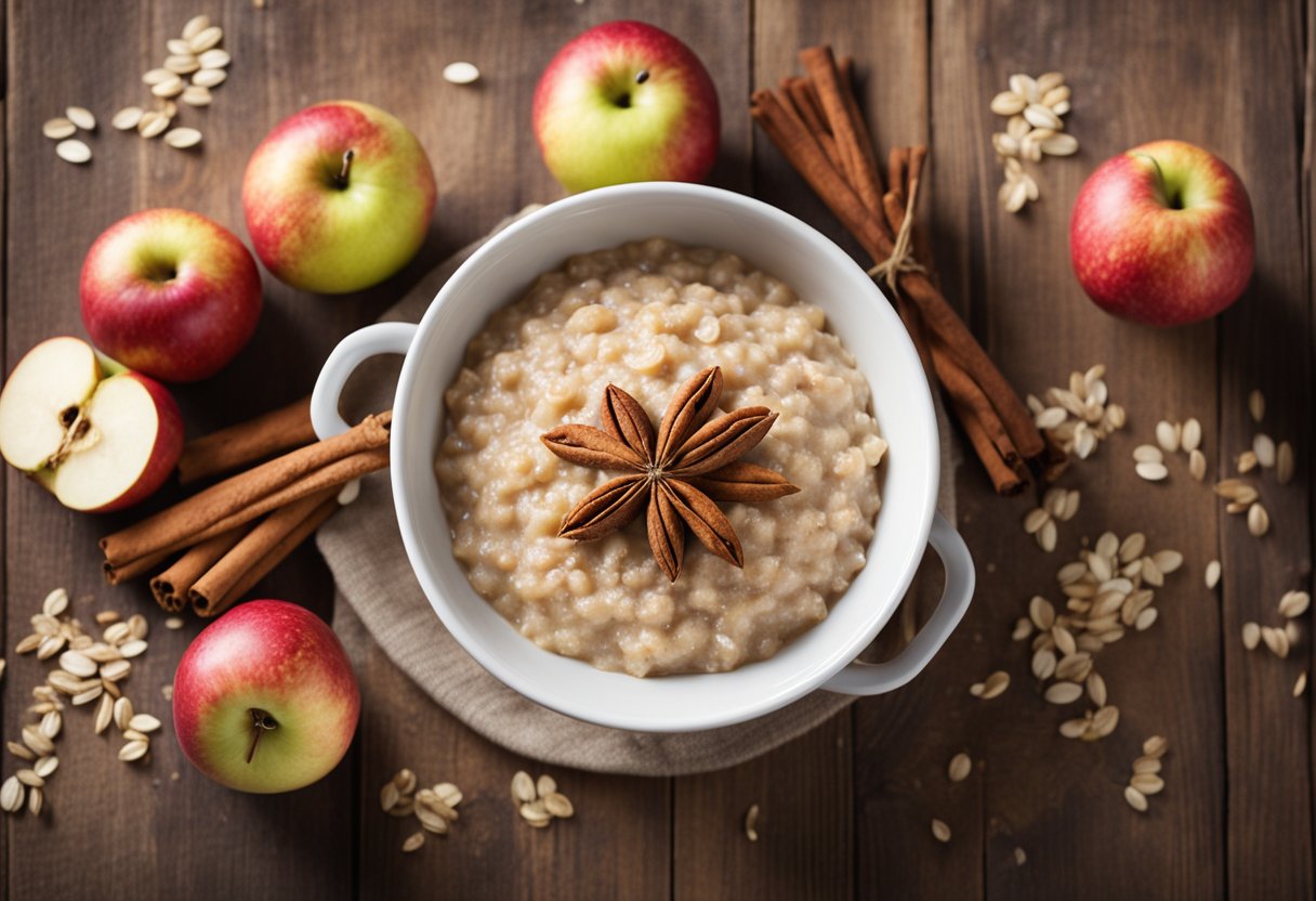 A steaming bowl of apple cinnamon oatmeal sits atop a rustic wooden table, surrounded by scattered oats, apples, and a crockpot simmering in the background