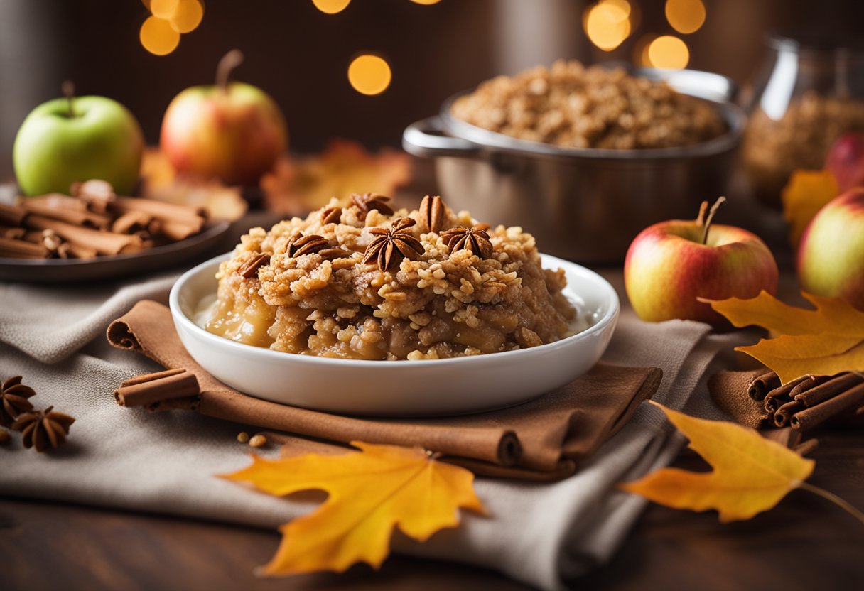 A warm apple crisp topped with golden oats and cinnamon, surrounded by fall leaves and a festive Thanksgiving table