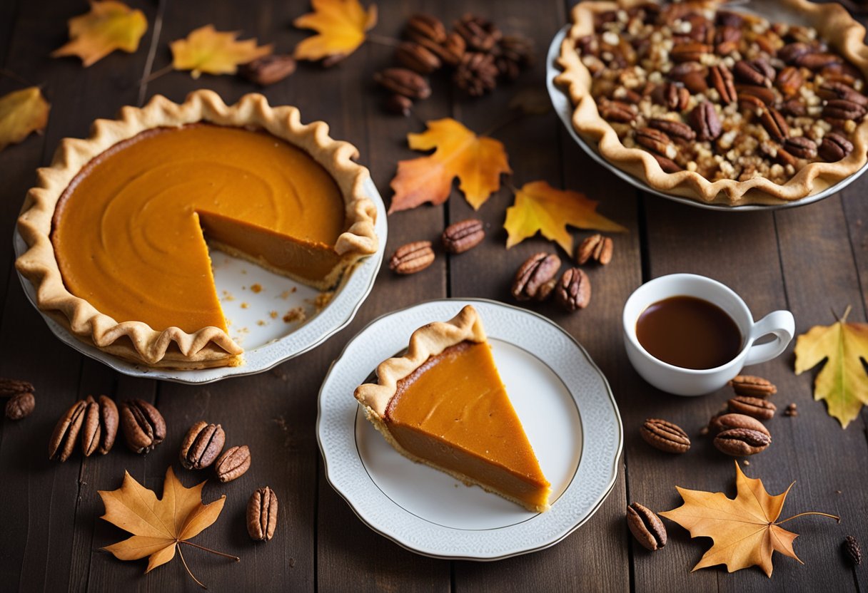 A golden-brown sweet potato pie sits on a rustic wooden table, surrounded by autumn leaves and a scattering of cinnamon sticks and pecans