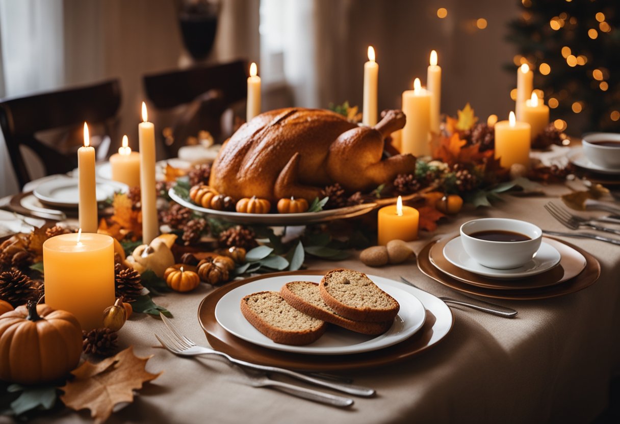 A festive Thanksgiving table with a platter of gingerbread biscotti surrounded by autumn leaves and candles