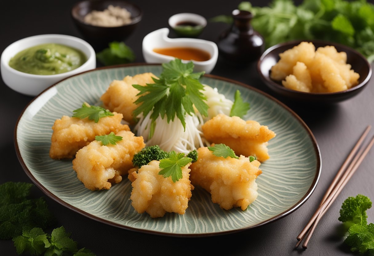 A plate of assorted vegetable tempura arranged on a traditional Japanese serving dish, accompanied by dipping sauce and garnished with grated daikon and shiso leaves