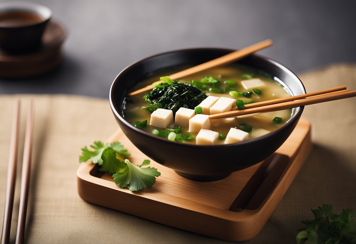A steaming bowl of miso soup with tofu, garnished with green onions and seaweed, sits on a wooden tray beside a pair of chopsticks
