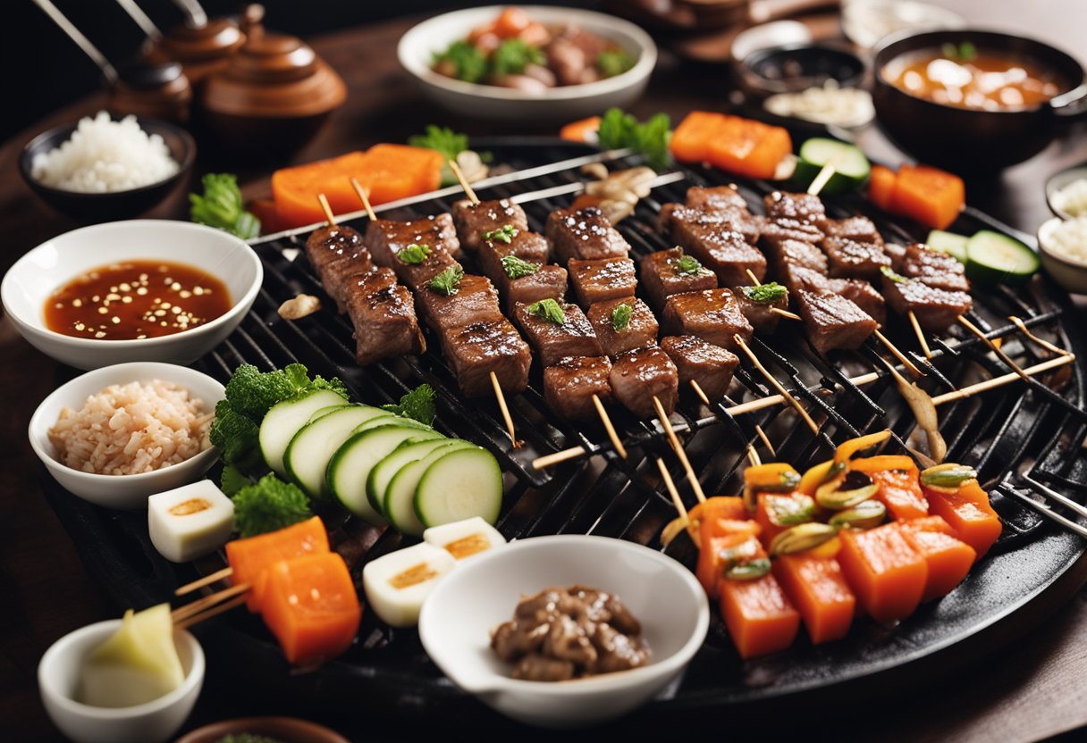 A sizzling grill with skewers of marinated beef, surrounded by various Japanese ingredients and cooking utensils