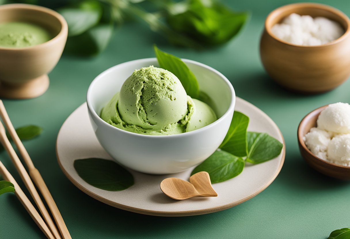 A bowl of matcha green tea ice cream surrounded by Japanese recipe ingredients and utensils