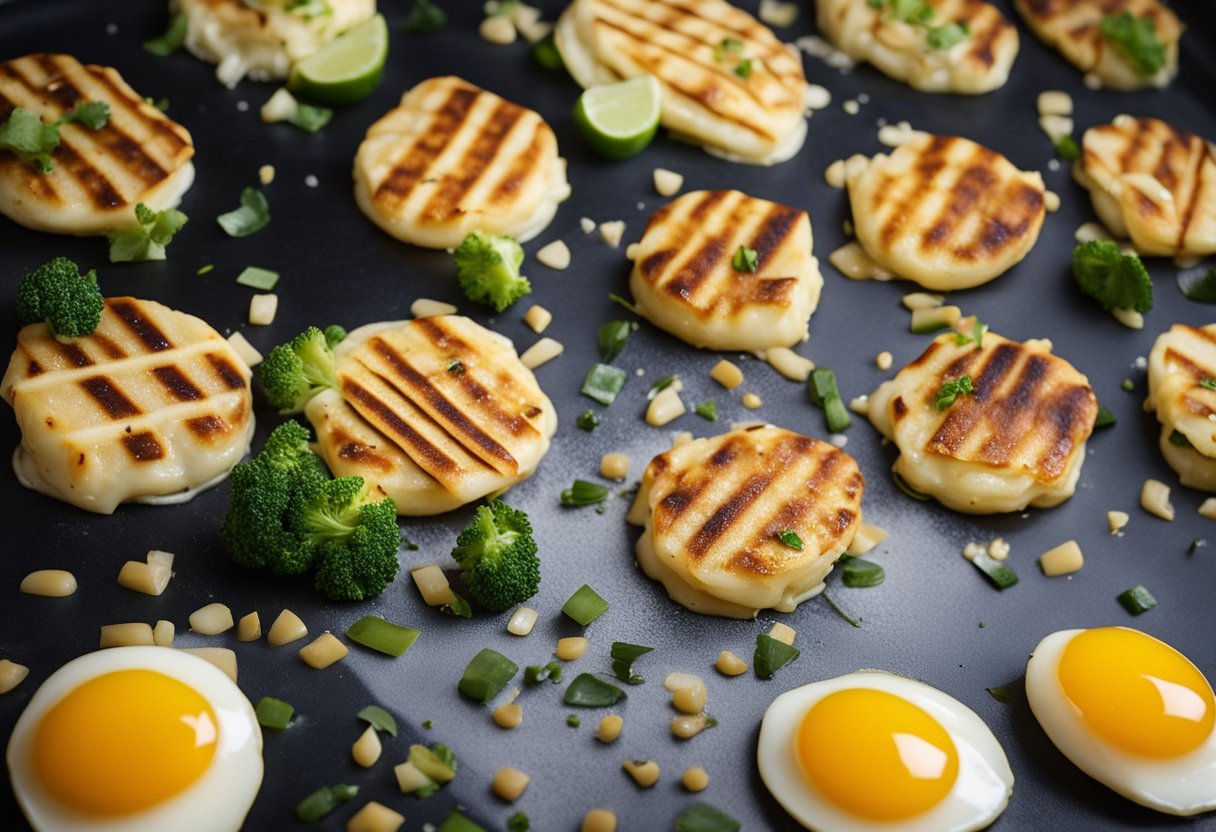 A sizzling hot griddle filled with assorted ingredients being mixed together to create savory Okonomiyaki pancakes