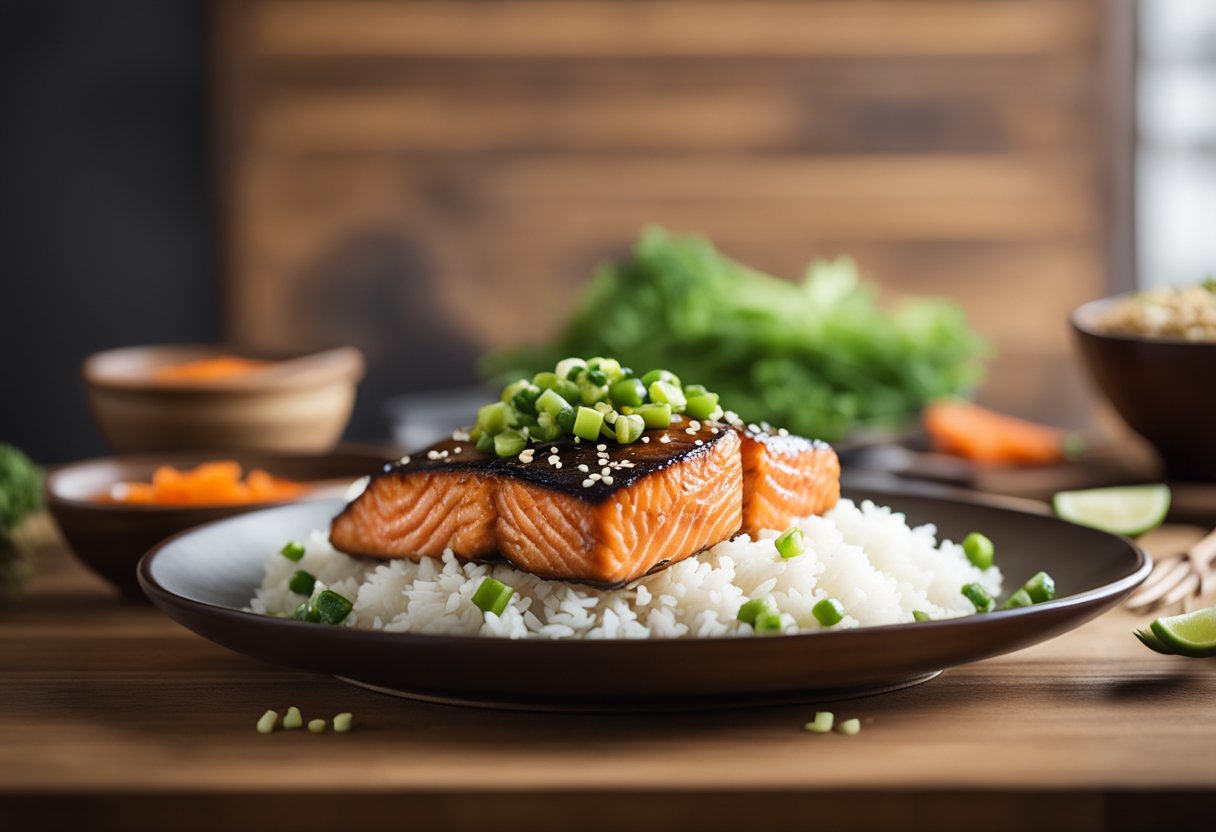A plate of teriyaki-glazed salmon, garnished with sesame seeds and green onions, sits on a wooden cutting board next to a bowl of steamed rice and a side of stir-fried vegetables