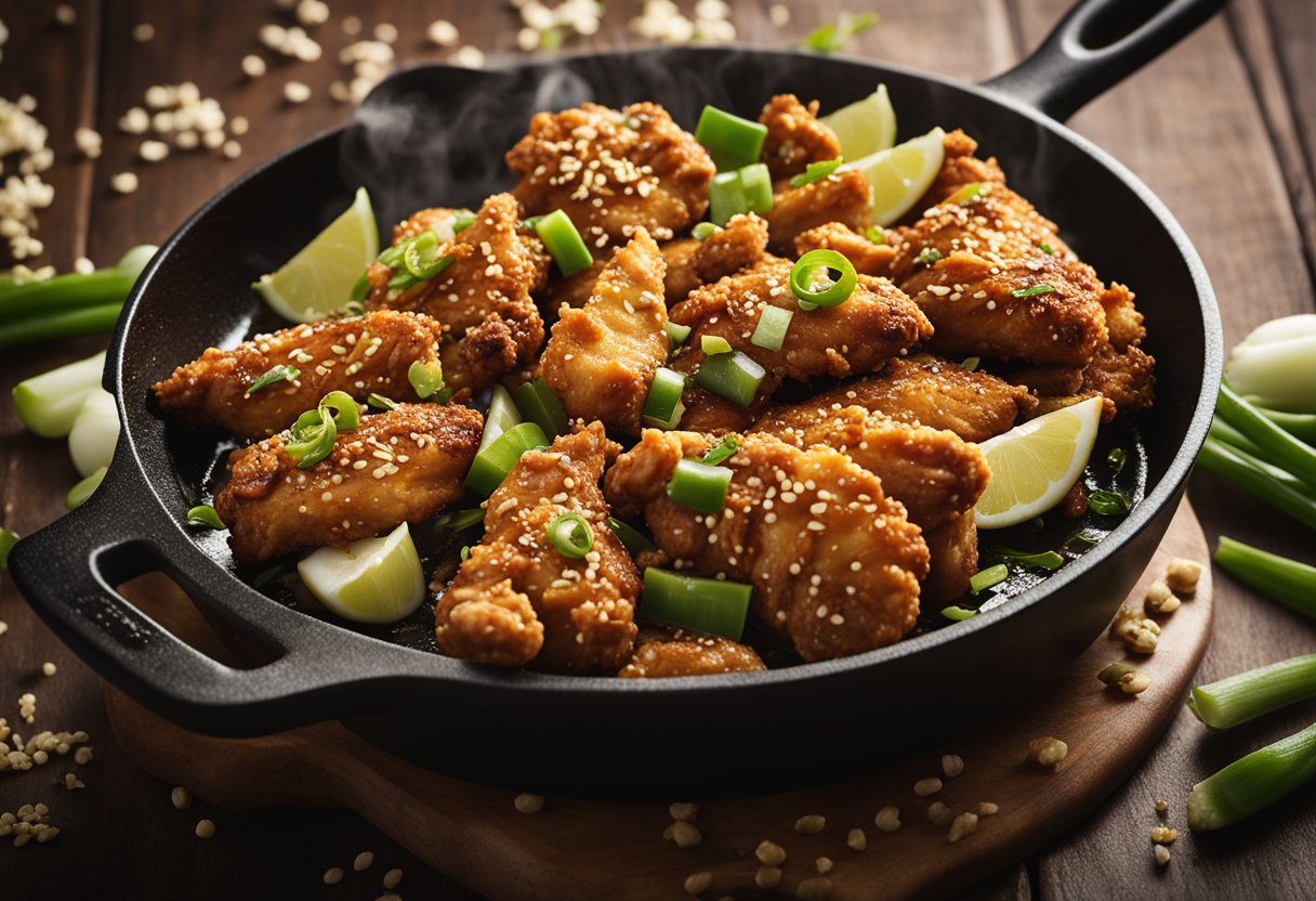 A sizzling hot skillet with golden-brown pieces of crispy Japanese fried chicken, garnished with sesame seeds and green onions
