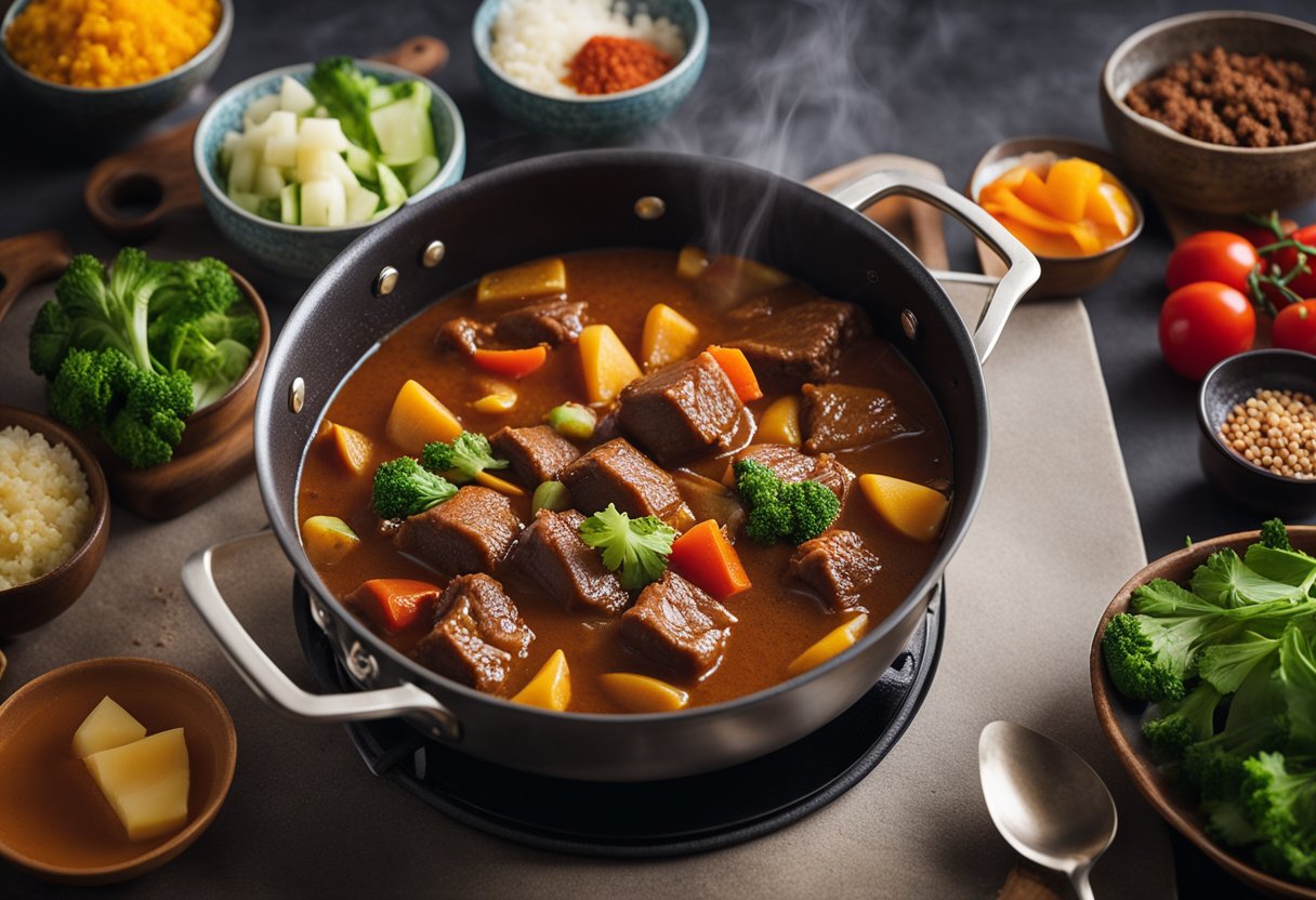 A steaming pot of Japanese beef curry simmers on a stovetop, surrounded by colorful vegetables and aromatic spices