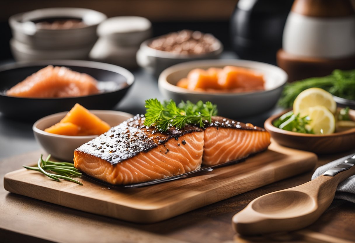 A kitchen counter with ingredients for teriyaki glaze and a fresh salmon fillet on a cutting board, surrounded by cooking utensils and a baking dish