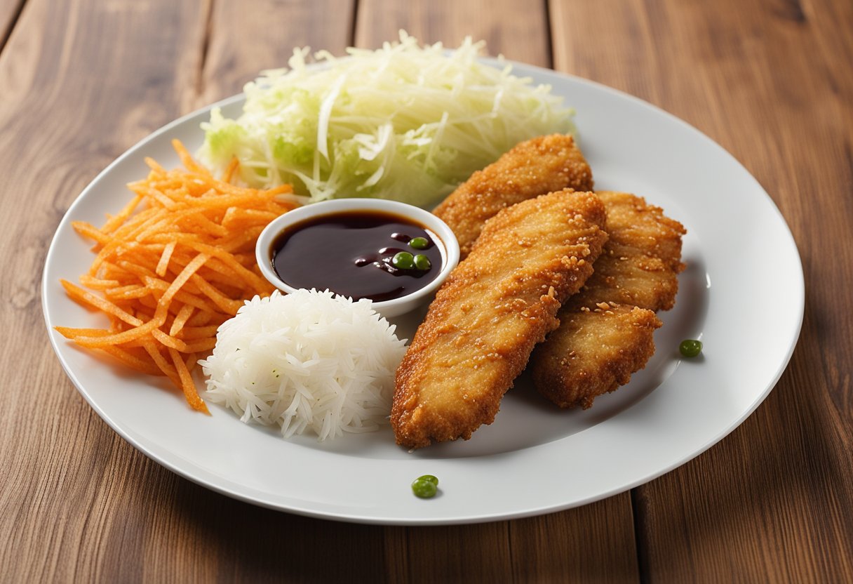 A plate of crispy Japanese chicken katsu with tonkatsu sauce, rice, and shredded cabbage on a wooden table