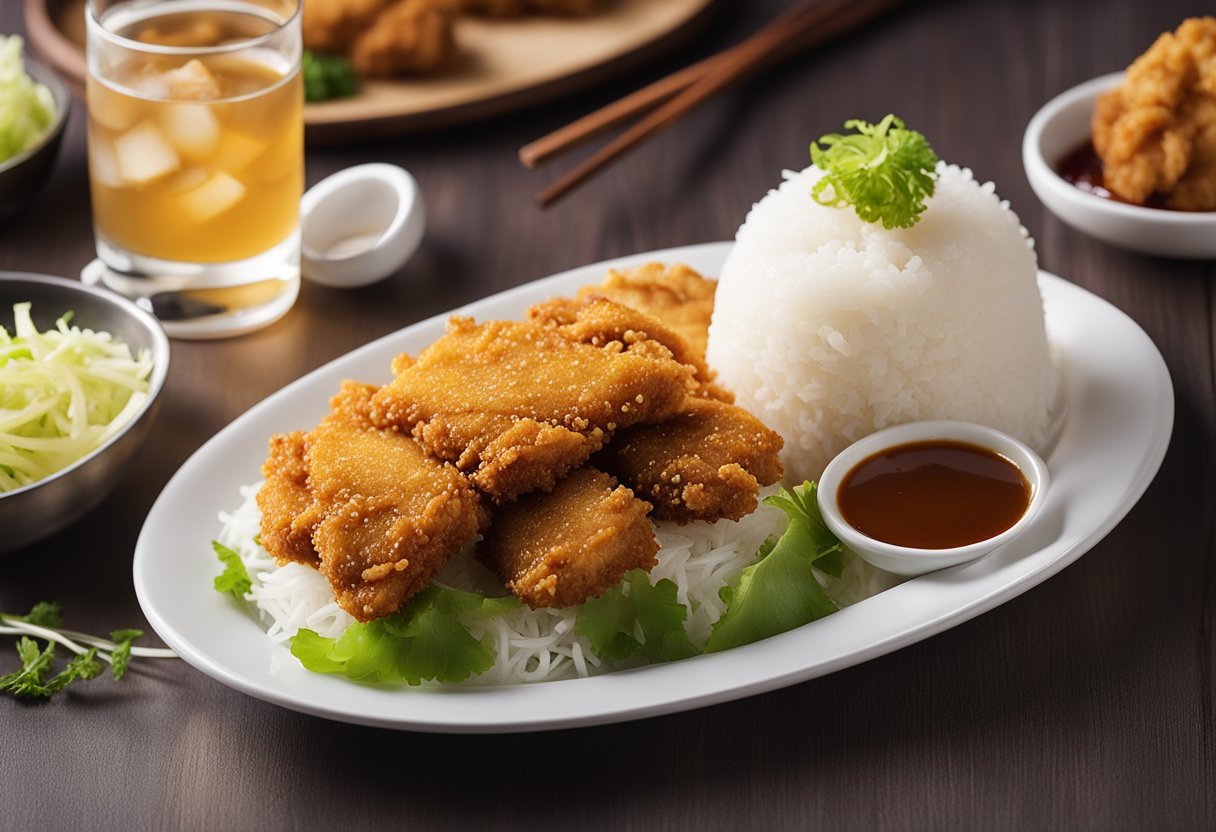 A plate of golden-fried chicken katsu with a side of steamed rice, shredded cabbage, and a dollop of tangy tonkatsu sauce