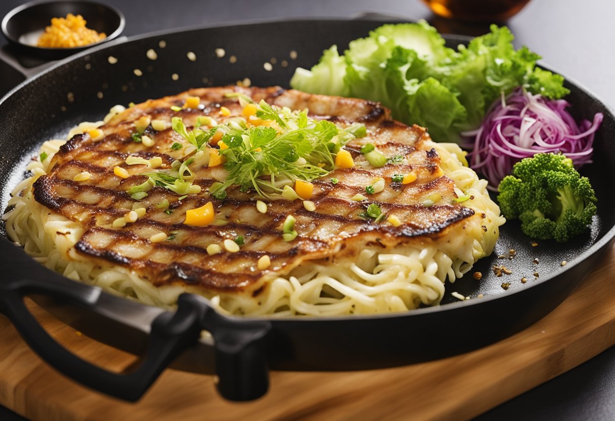 A sizzling hot griddle cooks a savory Japanese okonomiyaki, topped with a colorful array of ingredients like cabbage, pork, and bonito flakes
