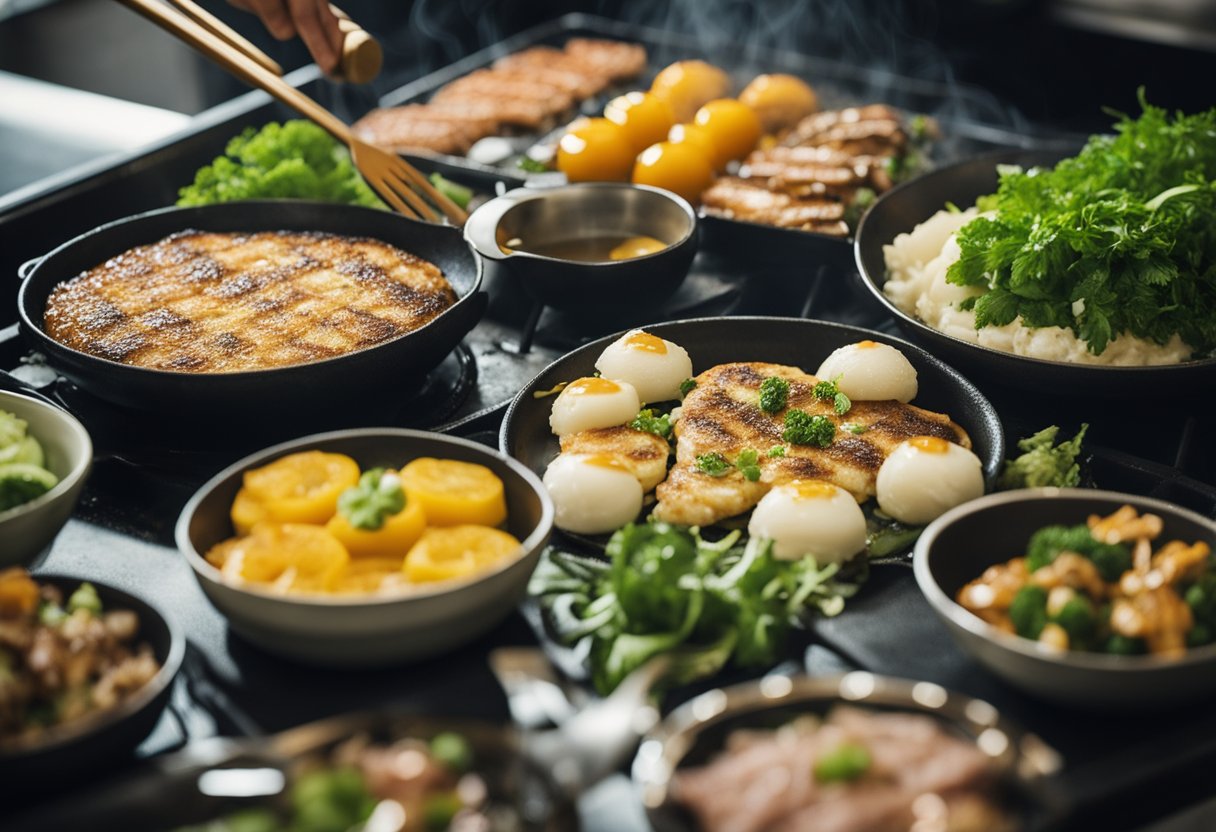 A sizzling hot griddle with a variety of fresh ingredients being mixed together to create Japanese Okonomiyaki